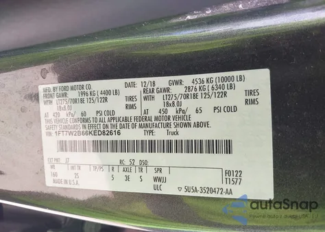 2019 Ford F-250 Xlt z USA, uszkodzony, nr VIN 1FT7W2B66KED82616